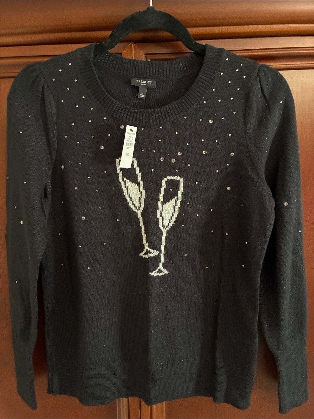 Talbots Black Sweater with Champagne Glass Motif